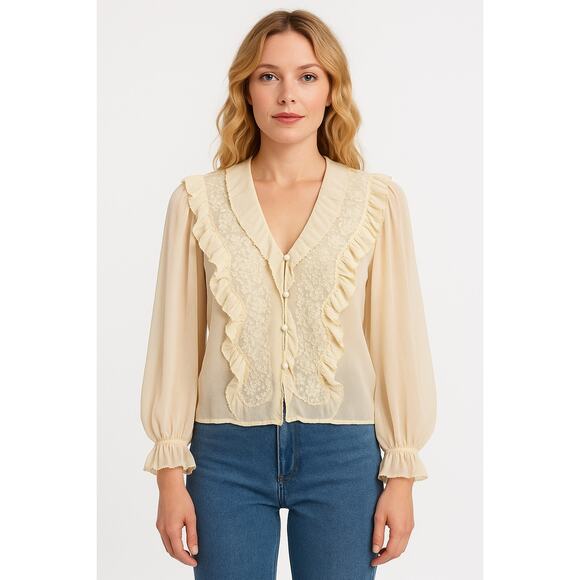 Unlabeled Vintage Cream Chiffon Lace Ruffle Blouse with Double Cuffs medium - Picture 1 of 15